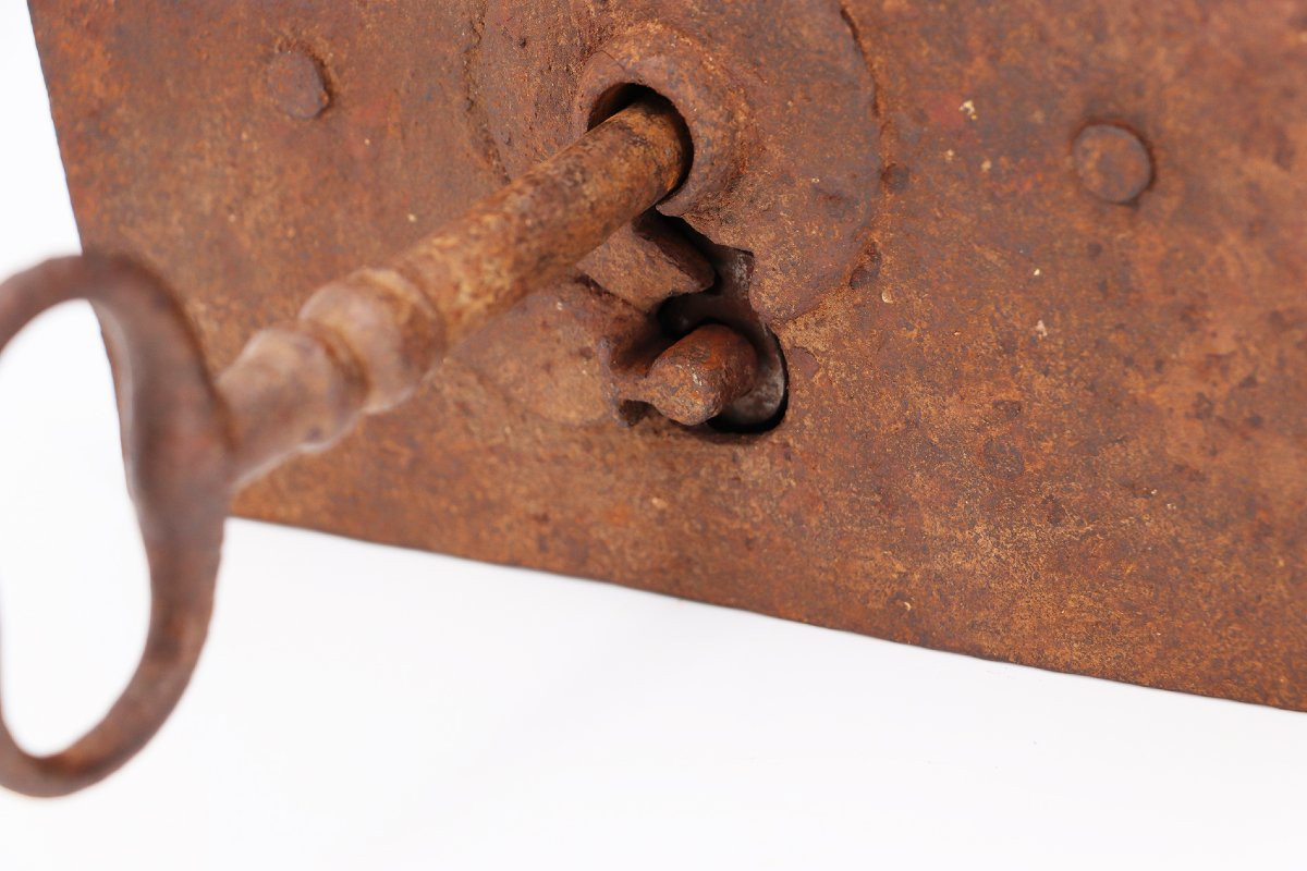 18th Century Large Baroque Wrought Iron Door Lock With Key From A Church, Portuguese-photo-1