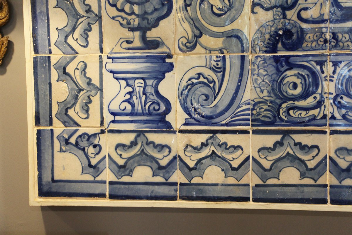 18th Century Antique Portuguese Tile Mural Panel Depicting A Blue And White Vase Surrounded -photo-2