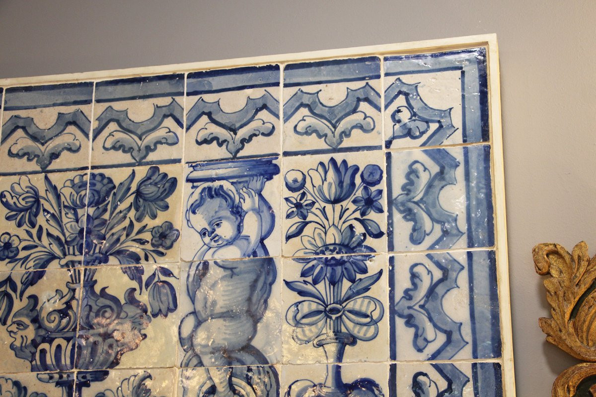 18th Century Antique Portuguese Tile Mural Panel Depicting A Blue And White Vase Surrounded -photo-3