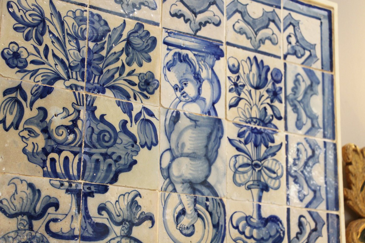 18th Century Antique Portuguese Tile Mural Panel Depicting A Blue And White Vase Surrounded -photo-3