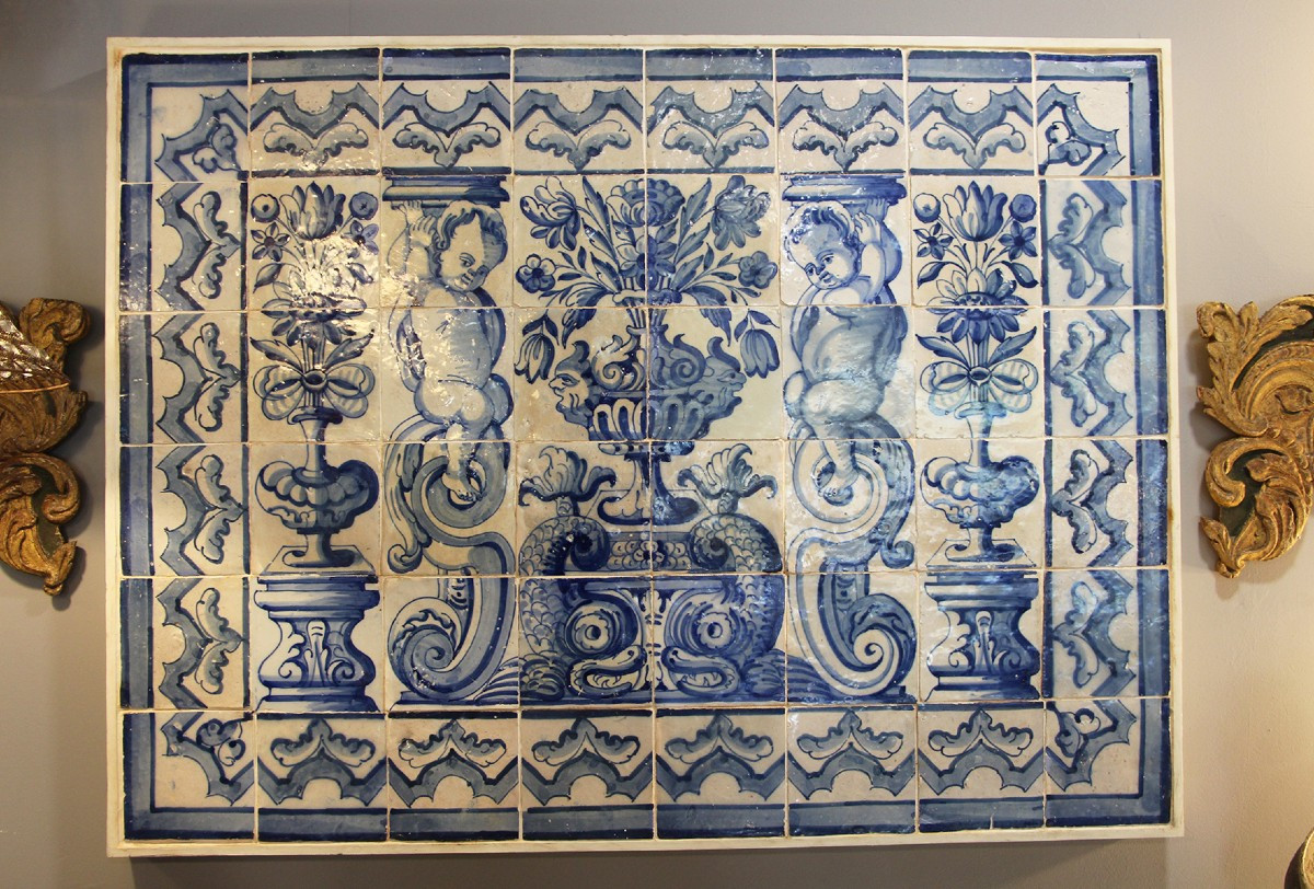 18th Century Antique Portuguese Tile Mural Panel Depicting A Blue And White Vase Surrounded 