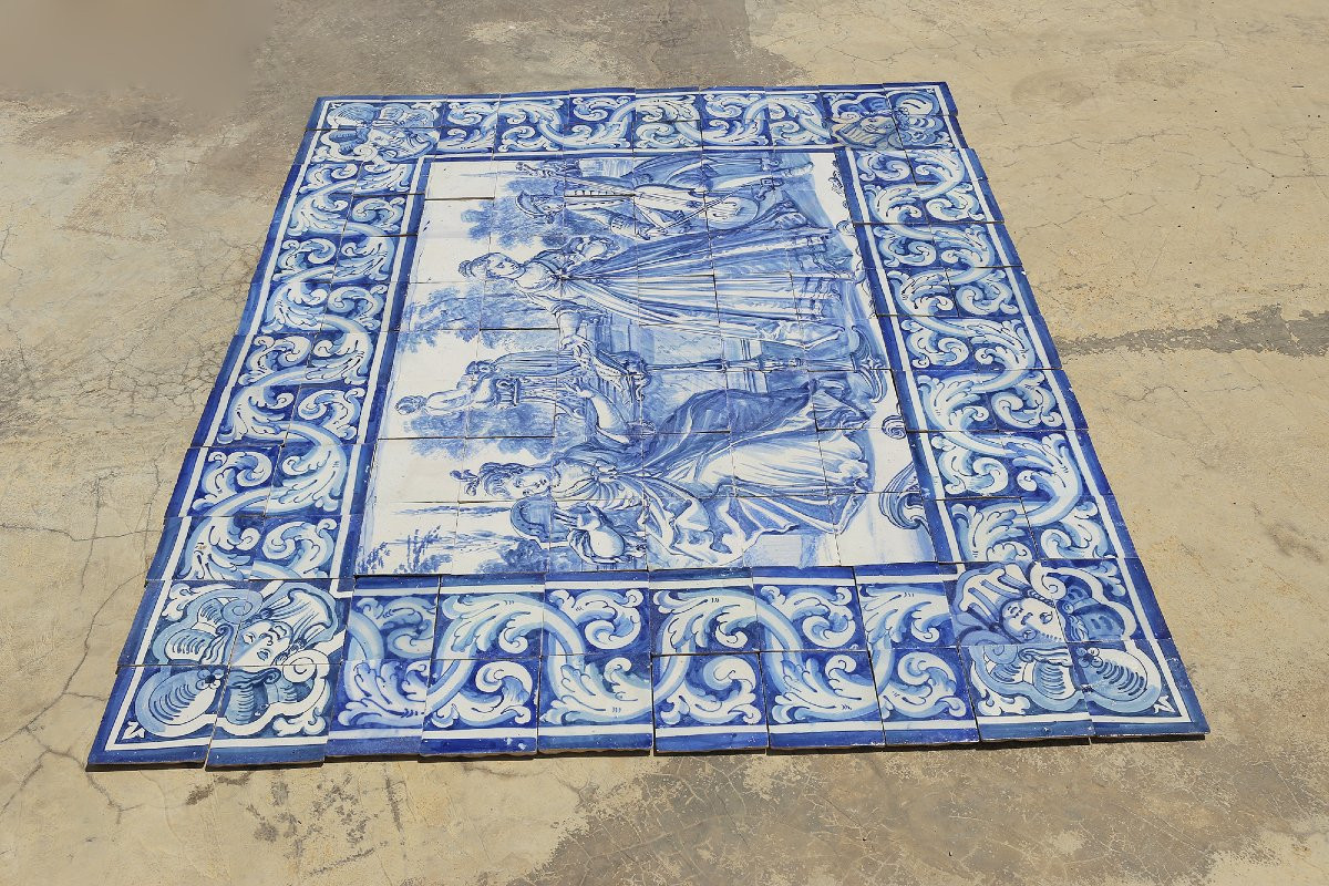 Panneau mural en carreaux portugais antiques du XVIIIe siècle représentant une scène musicale-photo-3