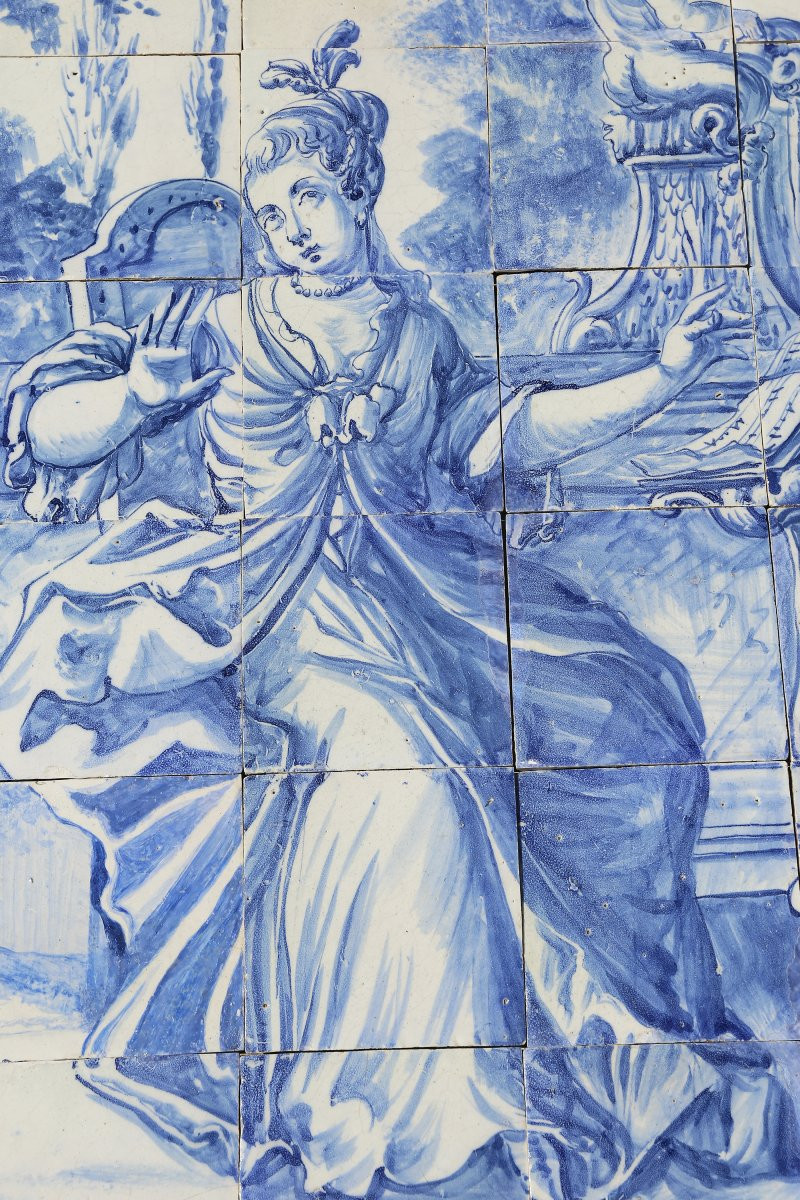 Panneau mural en carreaux portugais antiques du XVIIIe siècle représentant une scène musicale-photo-7