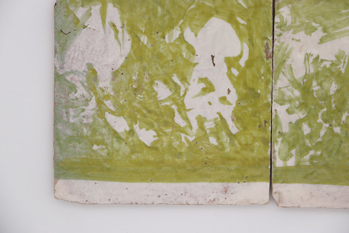 18th Century Set Of Four Green Spongeware Tiles, Portuguese-photo-3