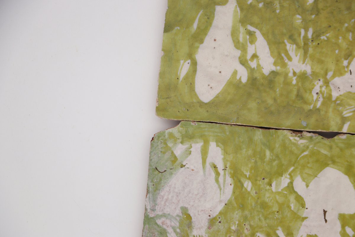 18th Century Set Of Four Green Spongeware Tiles, Portuguese-photo-5