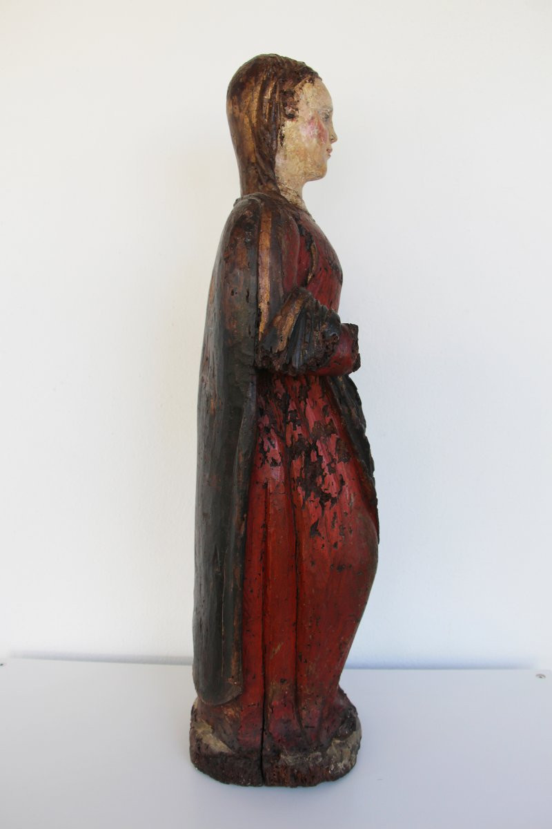 Sainte Barbe indo-portugaise, statue en bois polychrome sculptée à la main, XVIe siècle-photo-4