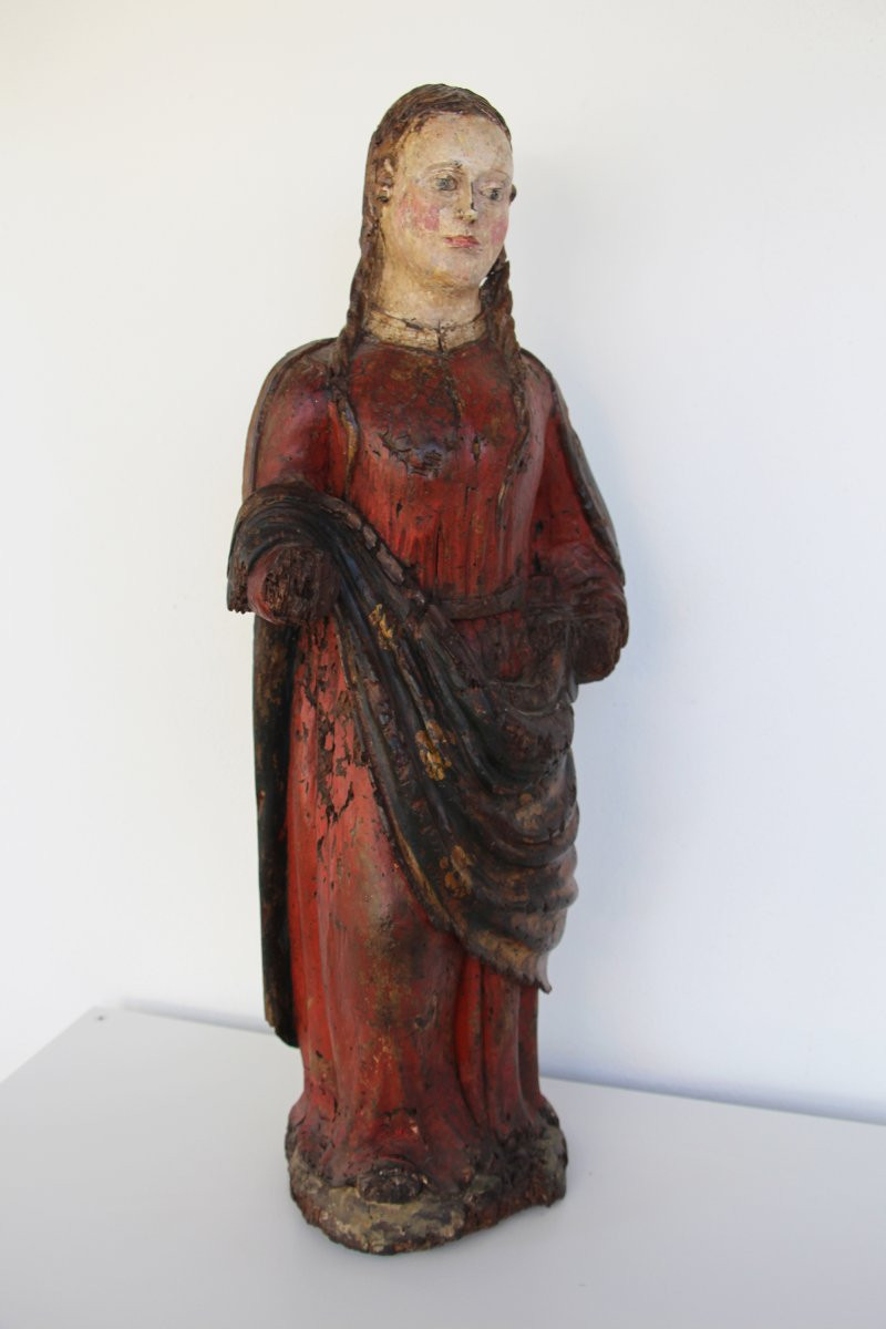 Sainte Barbe indo-portugaise, statue en bois polychrome sculptée à la main, XVIe siècle-photo-4