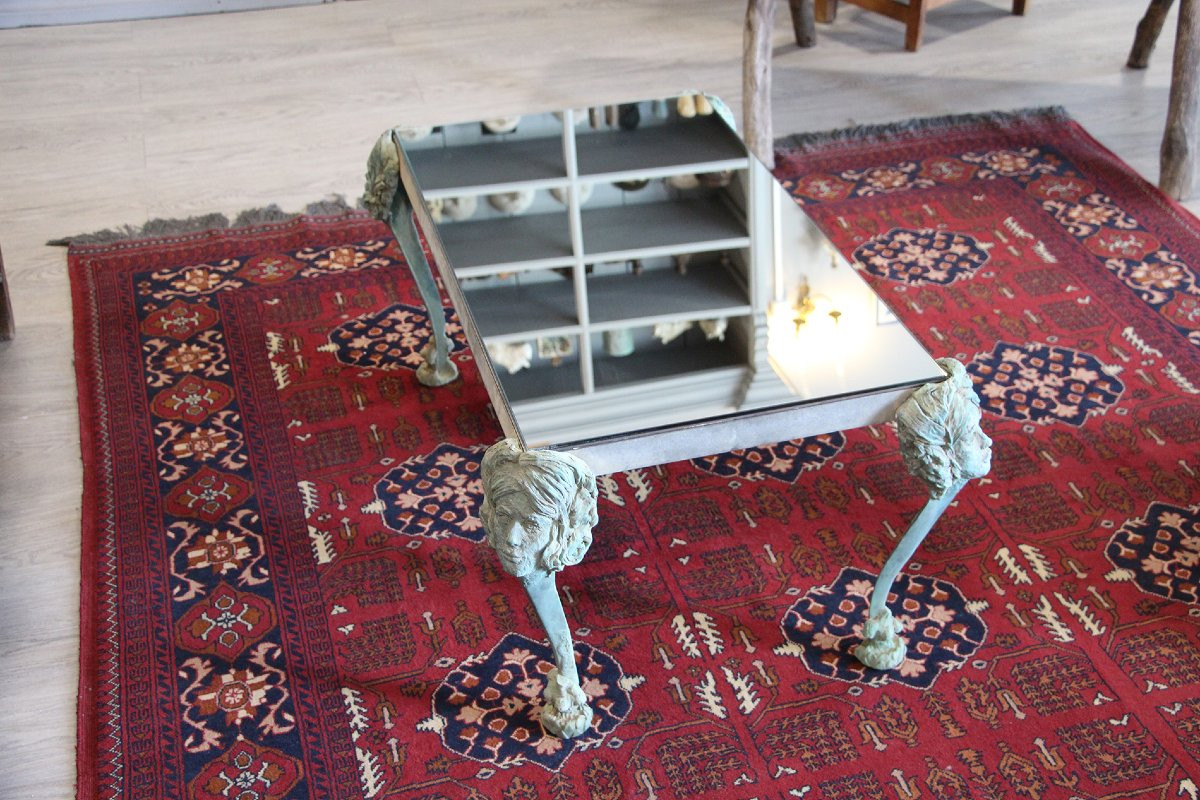 1960s Modern Art Zoomorphic Mirrored Bronze Coffee Table, Signed-photo-4