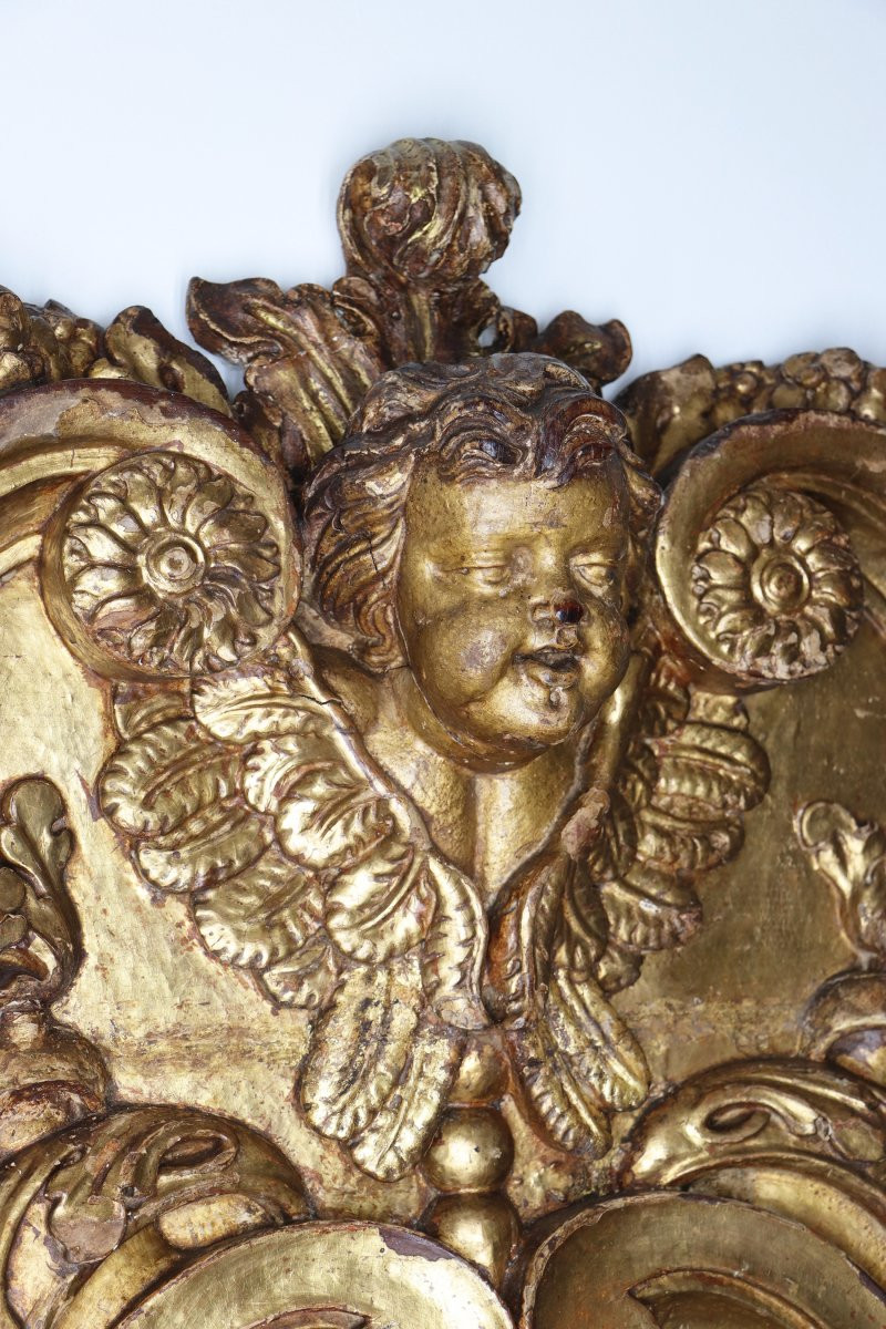 Grand chérubin antique portugais en bois, ange baroque à feuilles d’or, XVIIIᵉ siècle-photo-6