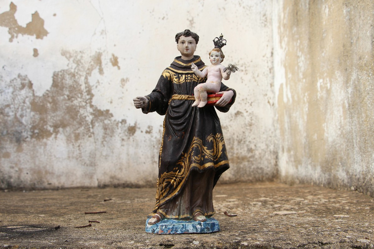 18th Century Antique Saint Anthony Of Padua With The Child Jesus, Portuguese, Earthenware