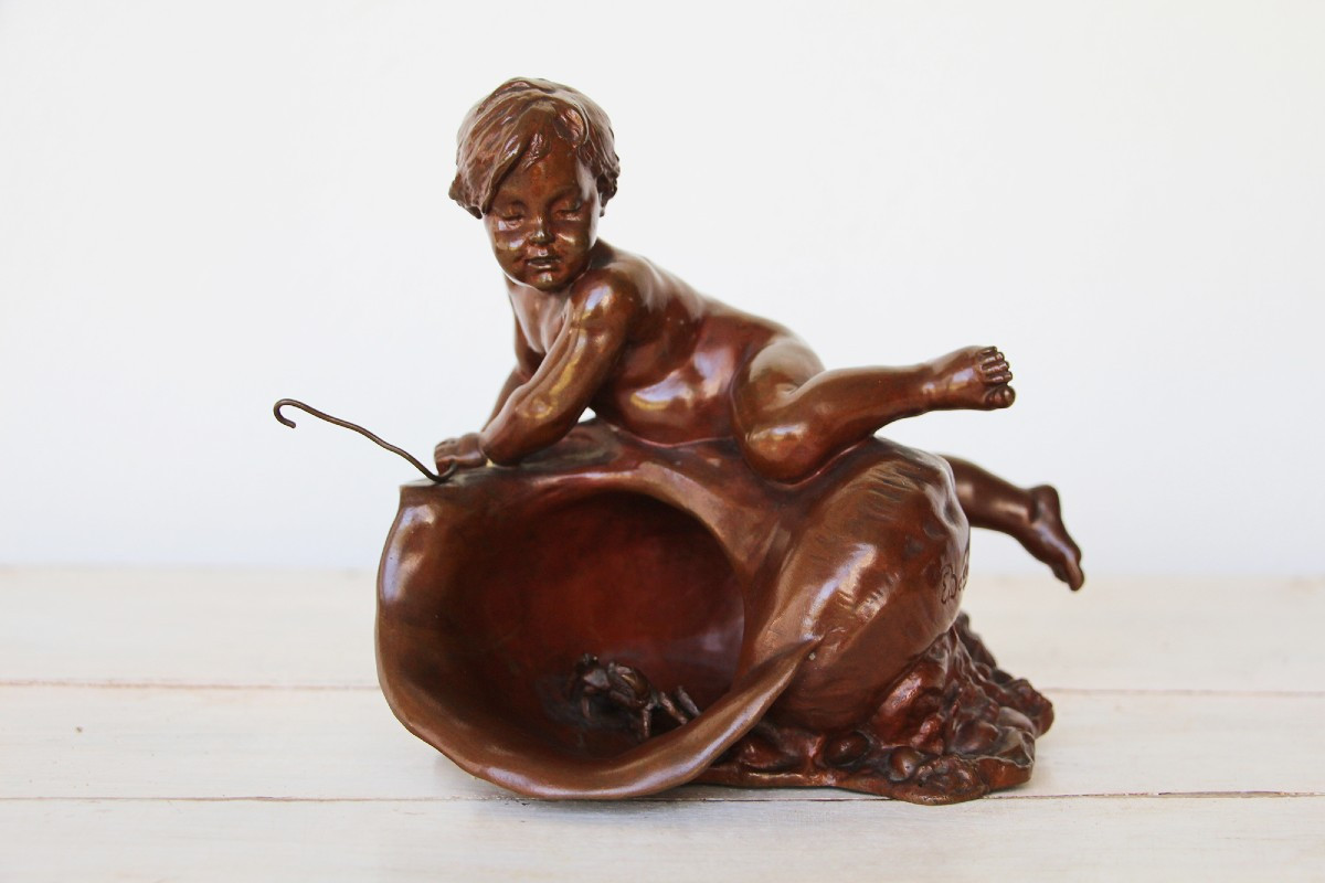 The Boy With The Shell And The Crab French Bronze Sculpture Of Louis-ernest Barrias