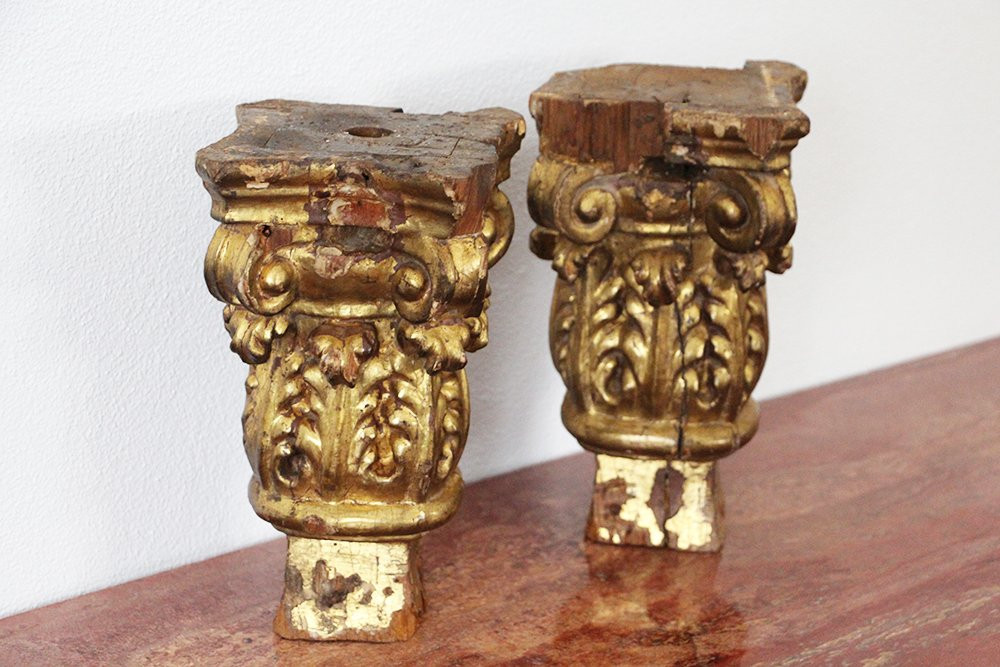 18th Century Set Of Two Baroque Gold Leaf Corinthian Capitals From A Portuguese Church-photo-4