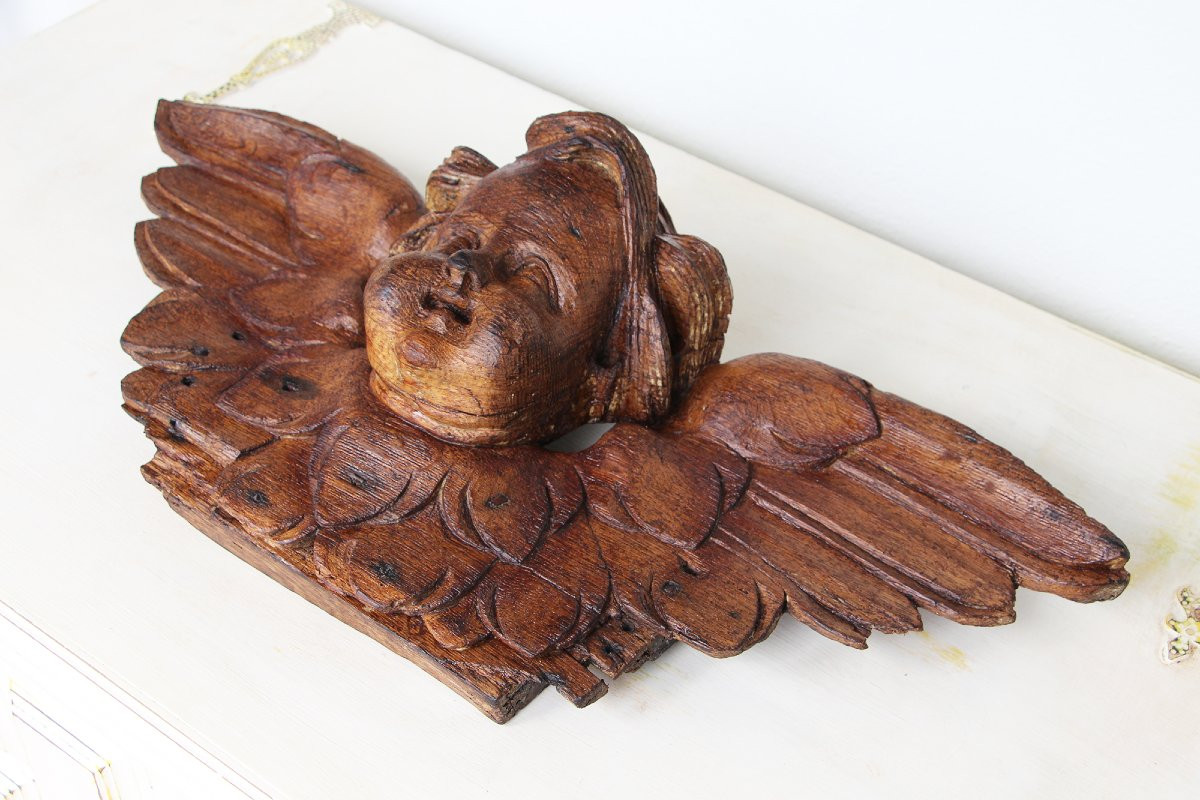 Portuguese Antique Wooden Cherub, Baroque Angel, 18th Century, Sacred Sculpture-photo-2