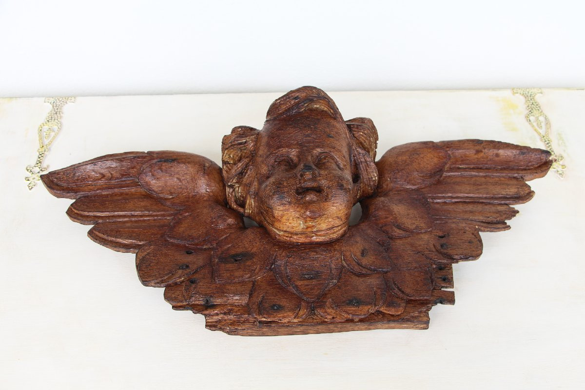 Portuguese Antique Wooden Cherub, Baroque Angel, 18th Century, Sacred Sculpture-photo-1