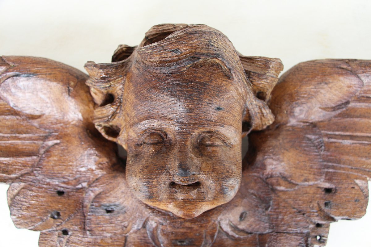 Portuguese Antique Wooden Cherub, Baroque Angel, 18th Century, Sacred Sculpture-photo-2