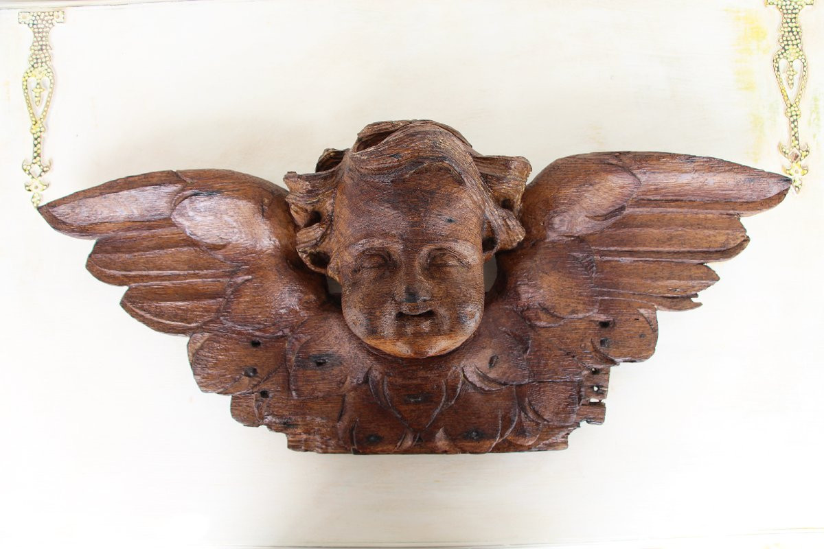 Portuguese Antique Wooden Cherub, Baroque Angel, 18th Century, Sacred Sculpture-photo-3