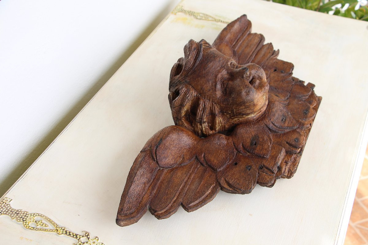 Portuguese Antique Wooden Cherub, Baroque Angel, 18th Century, Sacred Sculpture-photo-4