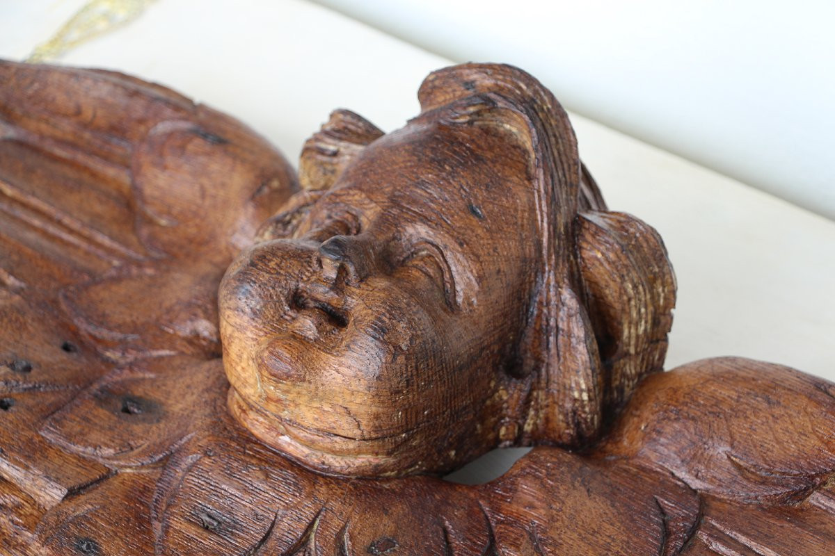 Portuguese Antique Wooden Cherub, Baroque Angel, 18th Century, Sacred Sculpture-photo-5