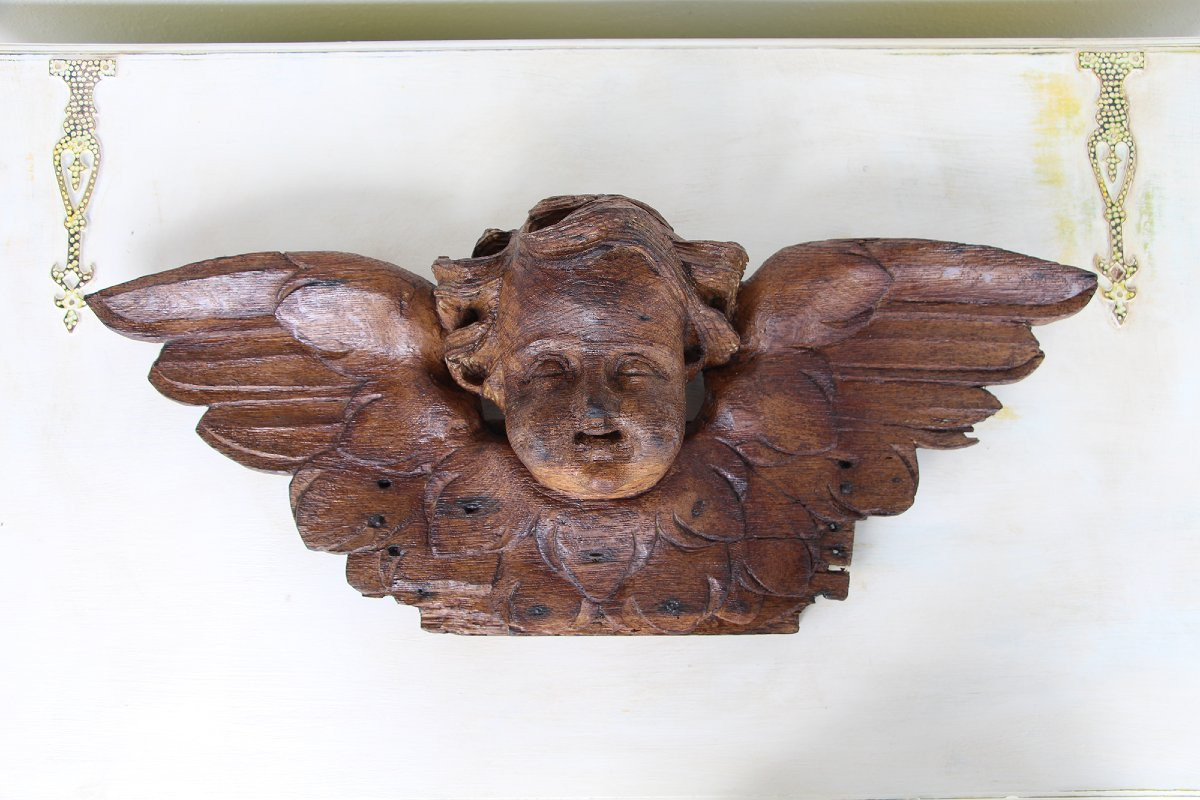 Portuguese Antique Wooden Cherub, Baroque Angel, 18th Century, Sacred Sculpture-photo-6