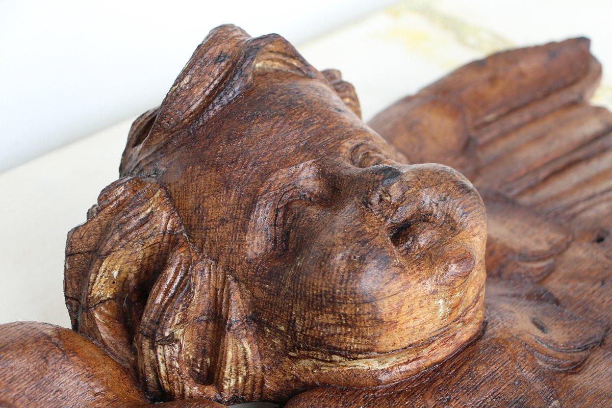 Portuguese Antique Wooden Cherub, Baroque Angel, 18th Century, Sacred Sculpture-photo-7