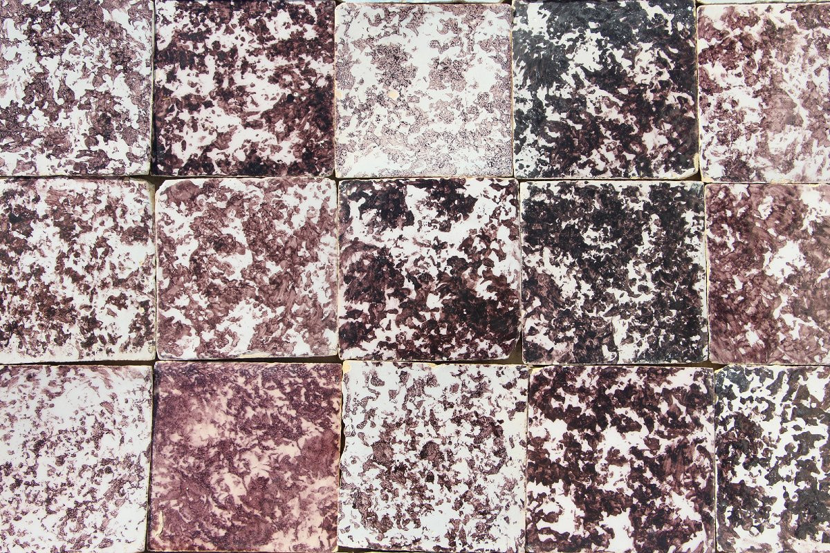 18th Century Tile Mural Panel, Aubergine Spongeware Surrounded By Blue & White Flowers-photo-4