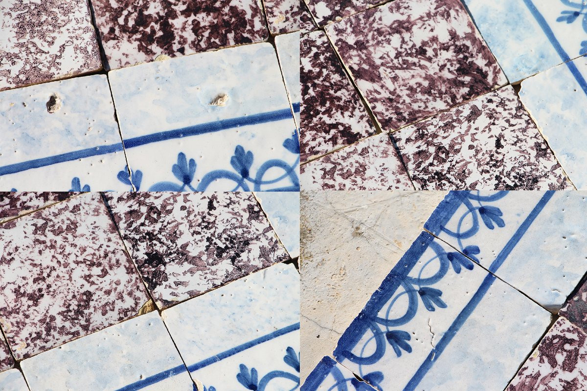 18th Century Tile Mural Panel, Aubergine Spongeware Surrounded By Blue & White Flowers-photo-1