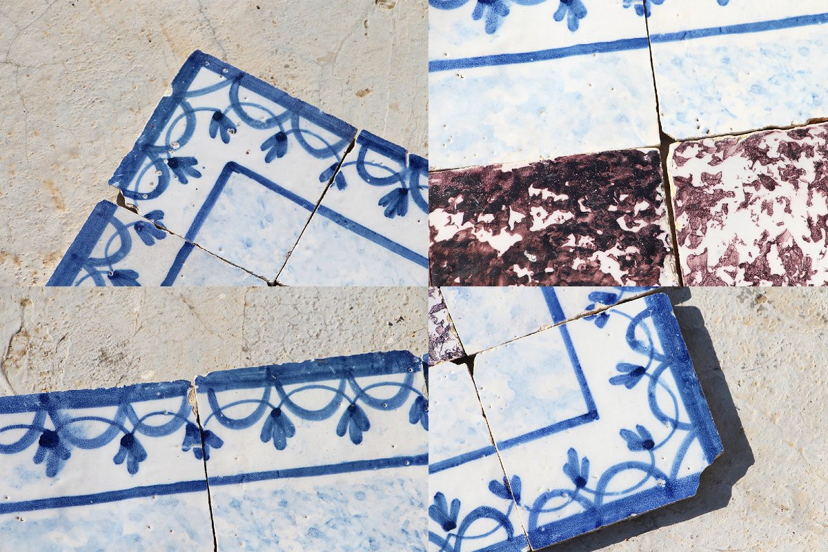 18th Century Tile Mural Panel, Aubergine Spongeware Surrounded By Blue & White Flowers-photo-2