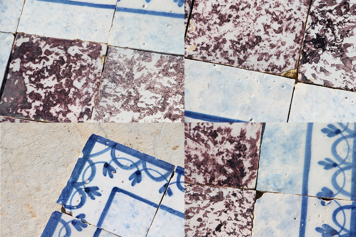 18th Century Tile Mural Panel, Aubergine Spongeware Surrounded By Blue & White Flowers-photo-4