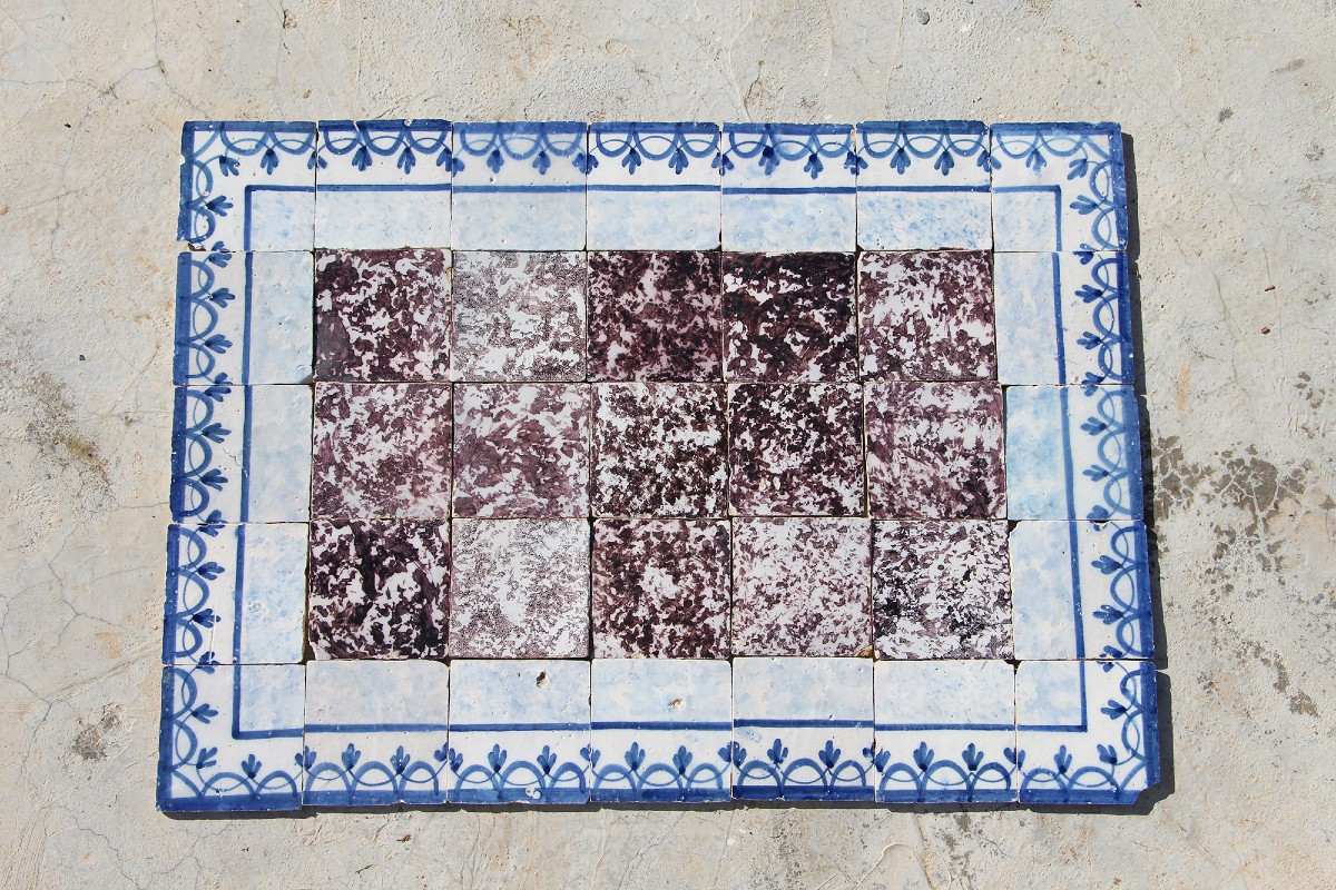 18th Century Tile Mural Panel, Aubergine Spongeware Surrounded By Blue & White Flowers