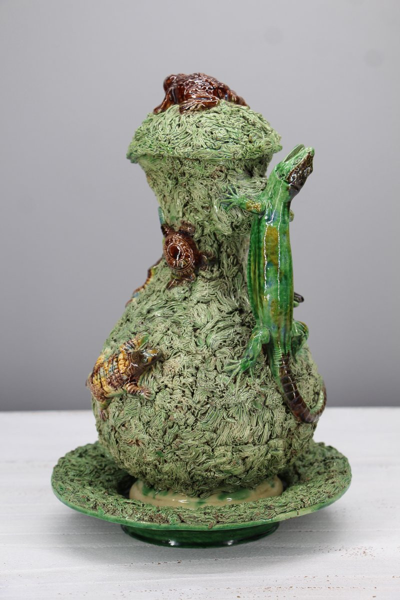 Rare et grand pichet et soucoupe en faïence Palissy de Mafra, XIXᵉ siècle, portugaise-photo-2