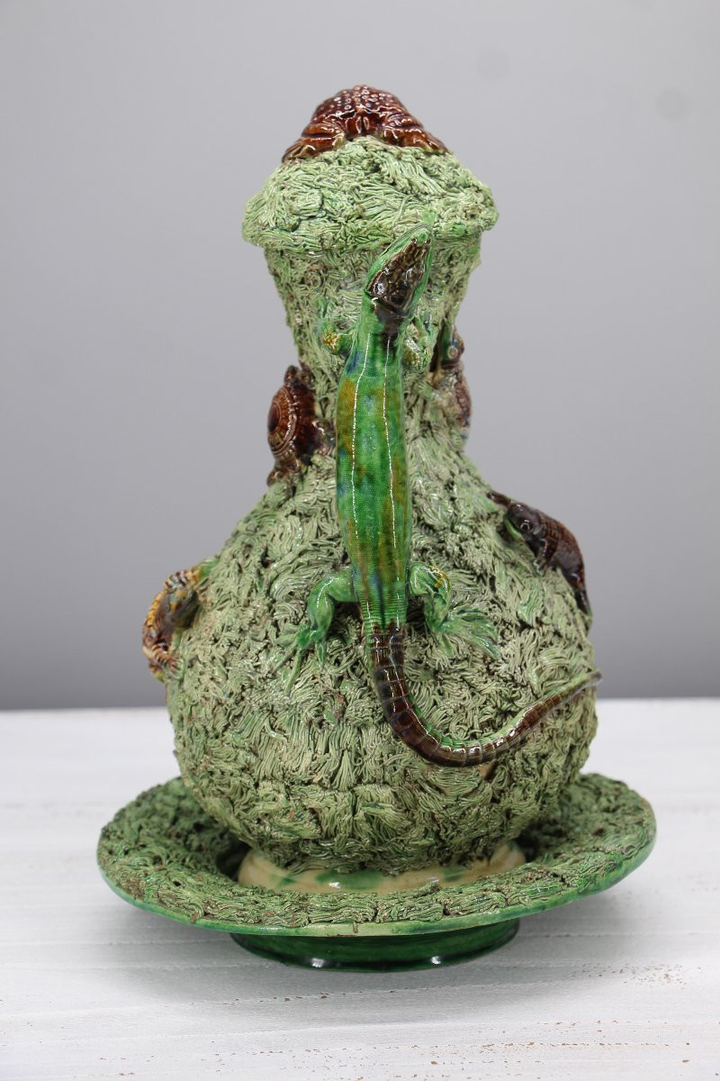 Rare et grand pichet et soucoupe en faïence Palissy de Mafra, XIXᵉ siècle, portugaise-photo-3