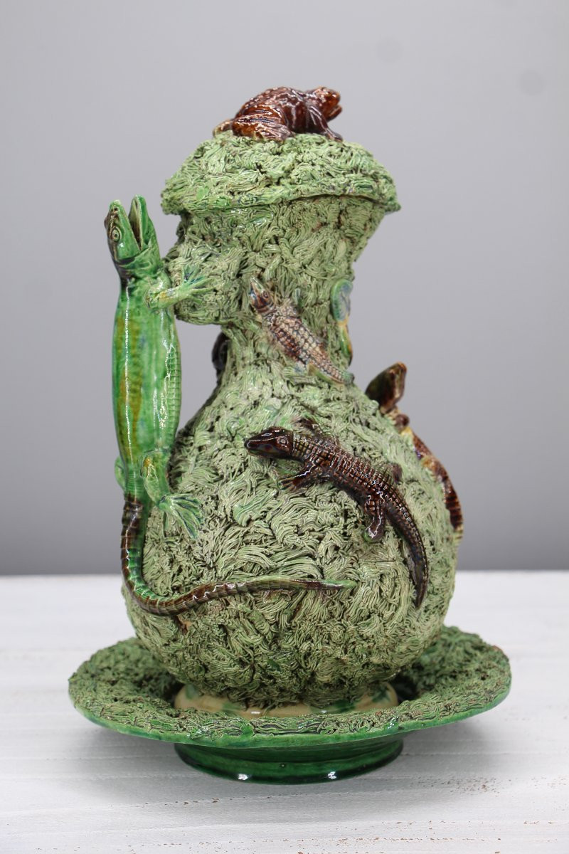 Rare et grand pichet et soucoupe en faïence Palissy de Mafra, XIXᵉ siècle, portugaise-photo-4