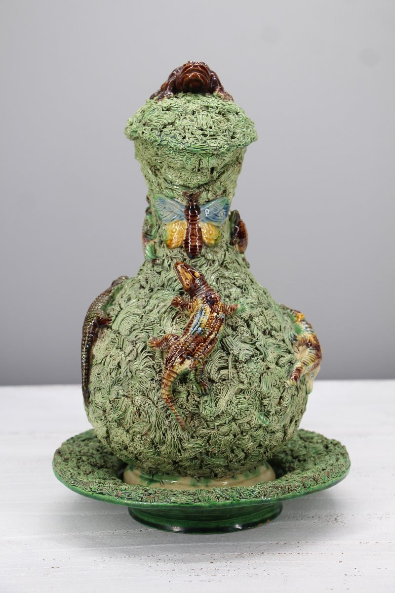 Rare et grand pichet et soucoupe en faïence Palissy de Mafra, XIXᵉ siècle, portugaise-photo-2