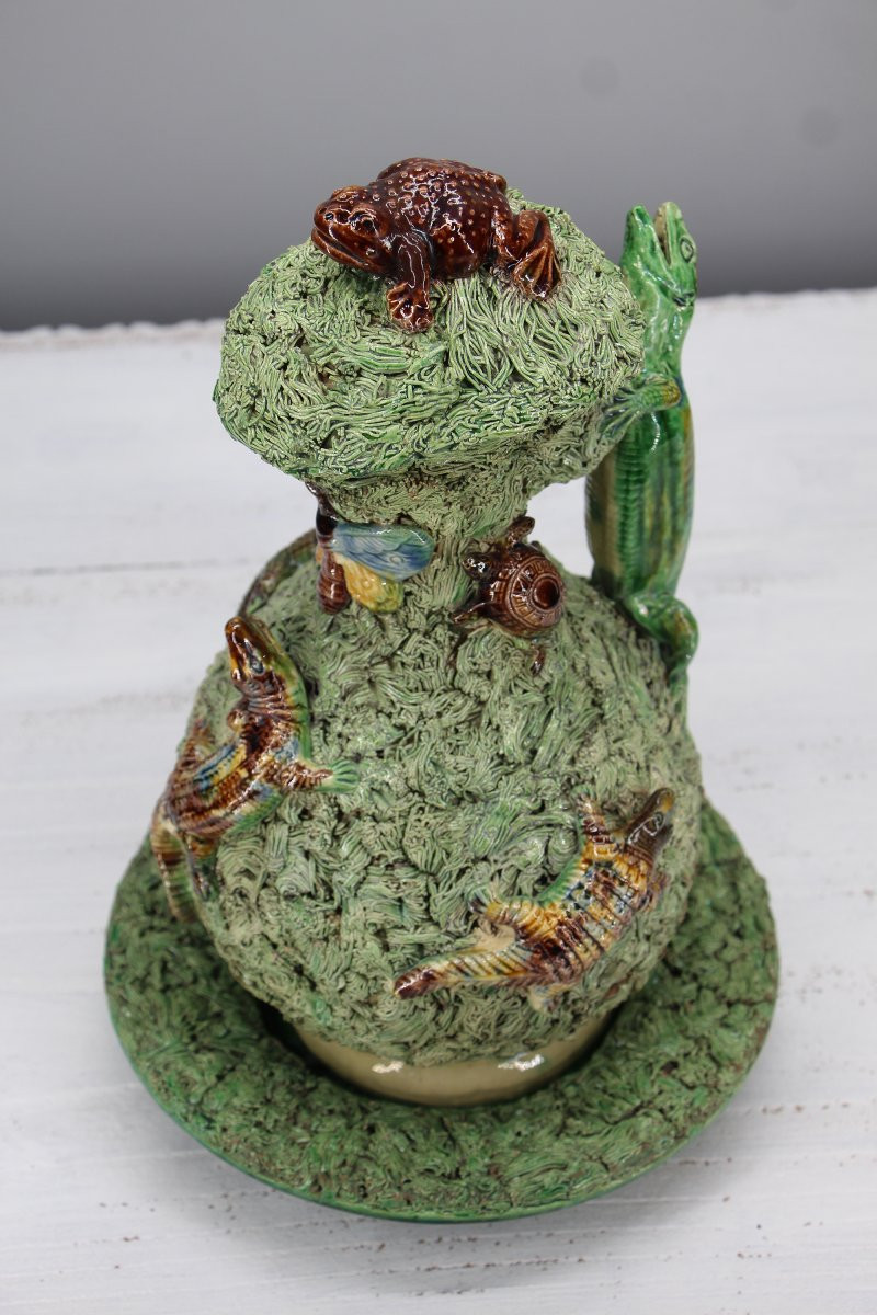 Rare et grand pichet et soucoupe en faïence Palissy de Mafra, XIXᵉ siècle, portugaise-photo-3