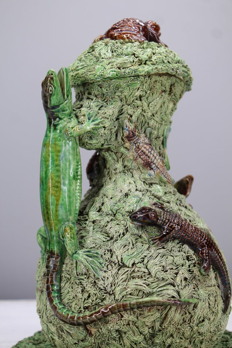 Rare et grand pichet et soucoupe en faïence Palissy de Mafra, XIXᵉ siècle, portugaise-photo-4