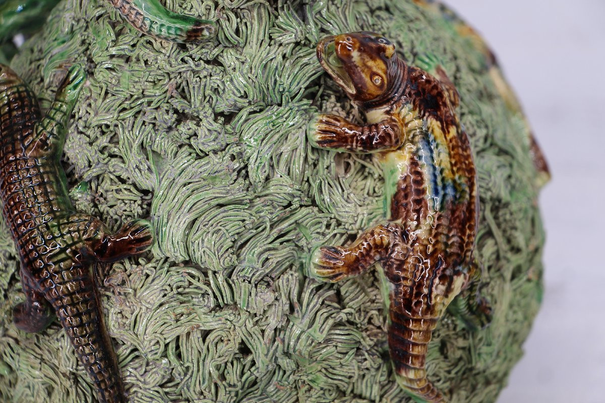 Rare et grand pichet et soucoupe en faïence Palissy de Mafra, XIXᵉ siècle, portugaise-photo-8
