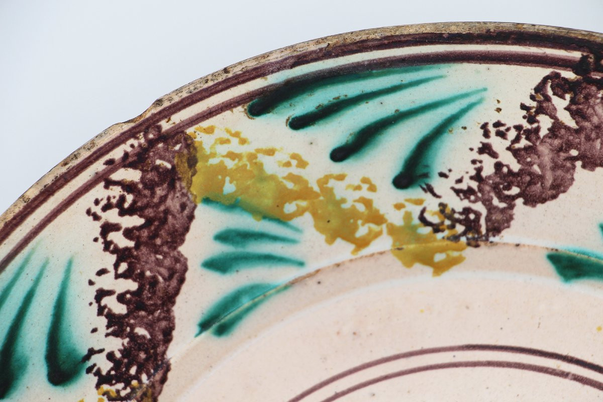 19th Century Spongeware Earthenware Portuguese Large Dairy Bowl-photo-3
