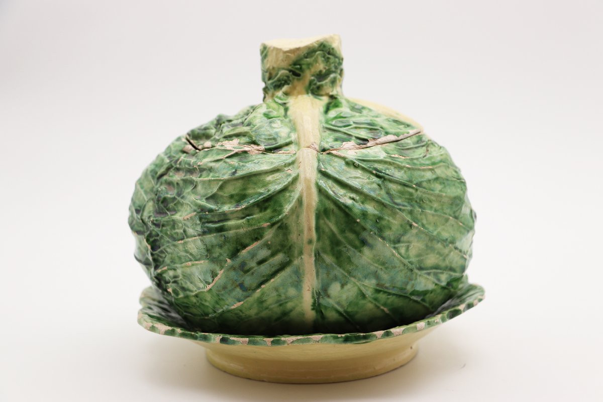 19th Century, Rare Trompe L’oeil Cabbage Tureen, Portuguese Palissy Earthenware-photo-1