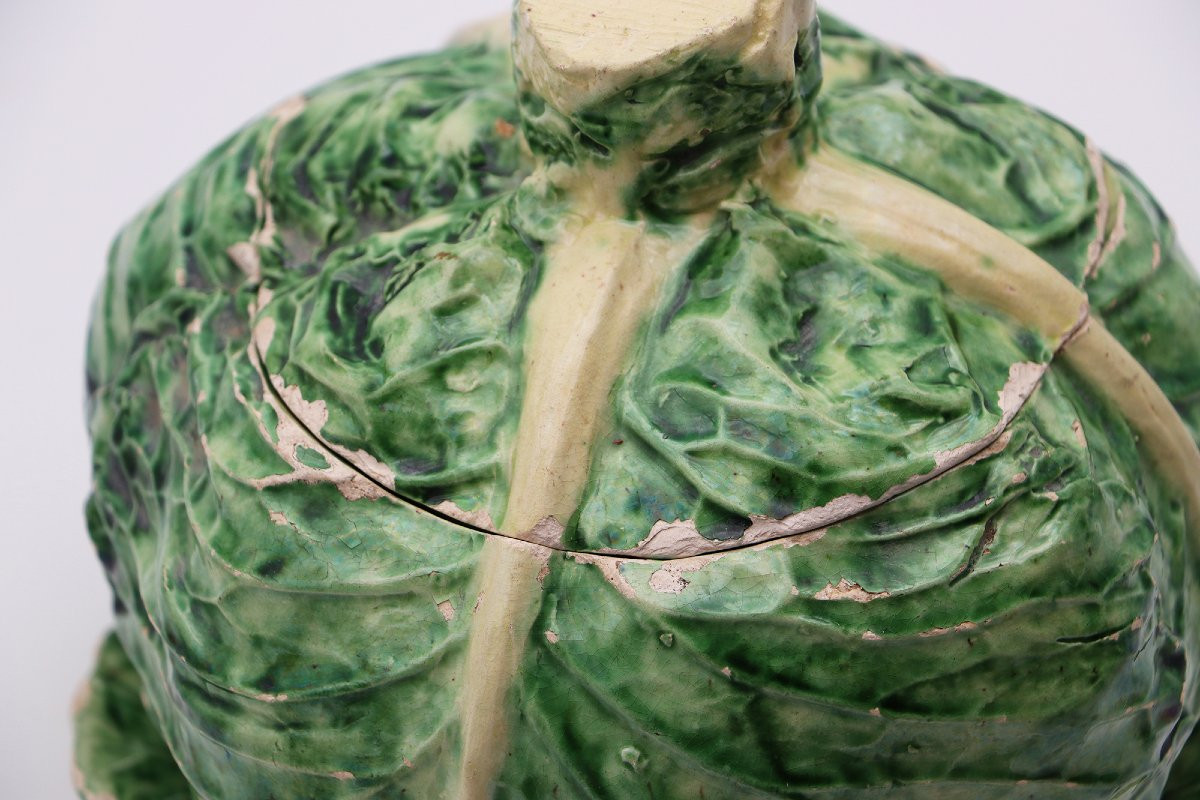 19th Century, Rare Trompe L’oeil Cabbage Tureen, Portuguese Palissy Earthenware-photo-3