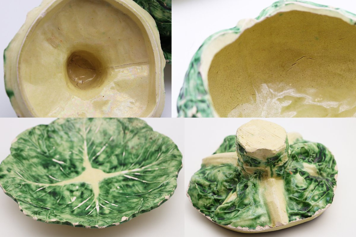 19th Century, Rare Trompe L’oeil Cabbage Tureen, Portuguese Palissy Earthenware-photo-5