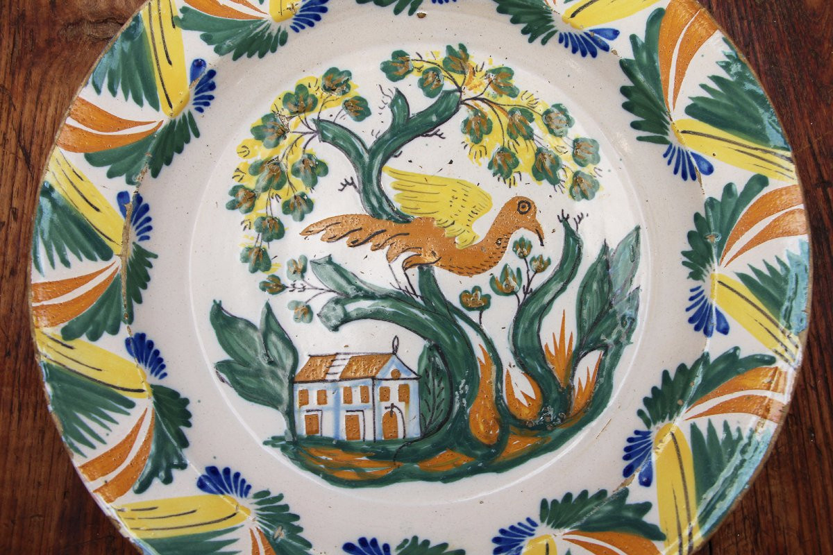 19th Century Portuguese Bird By A House Wall Plate, Earthenware, Faience-photo-2