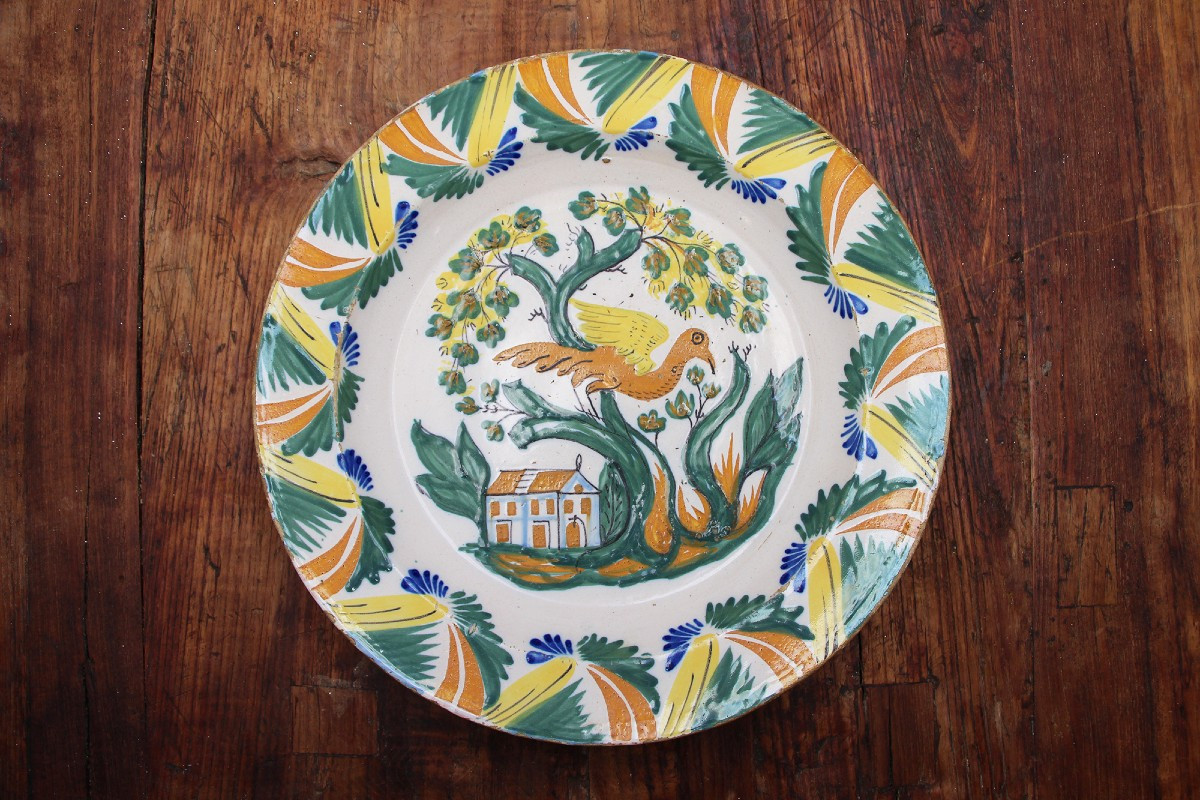 19th Century Portuguese Bird By A House Wall Plate, Earthenware, Faience