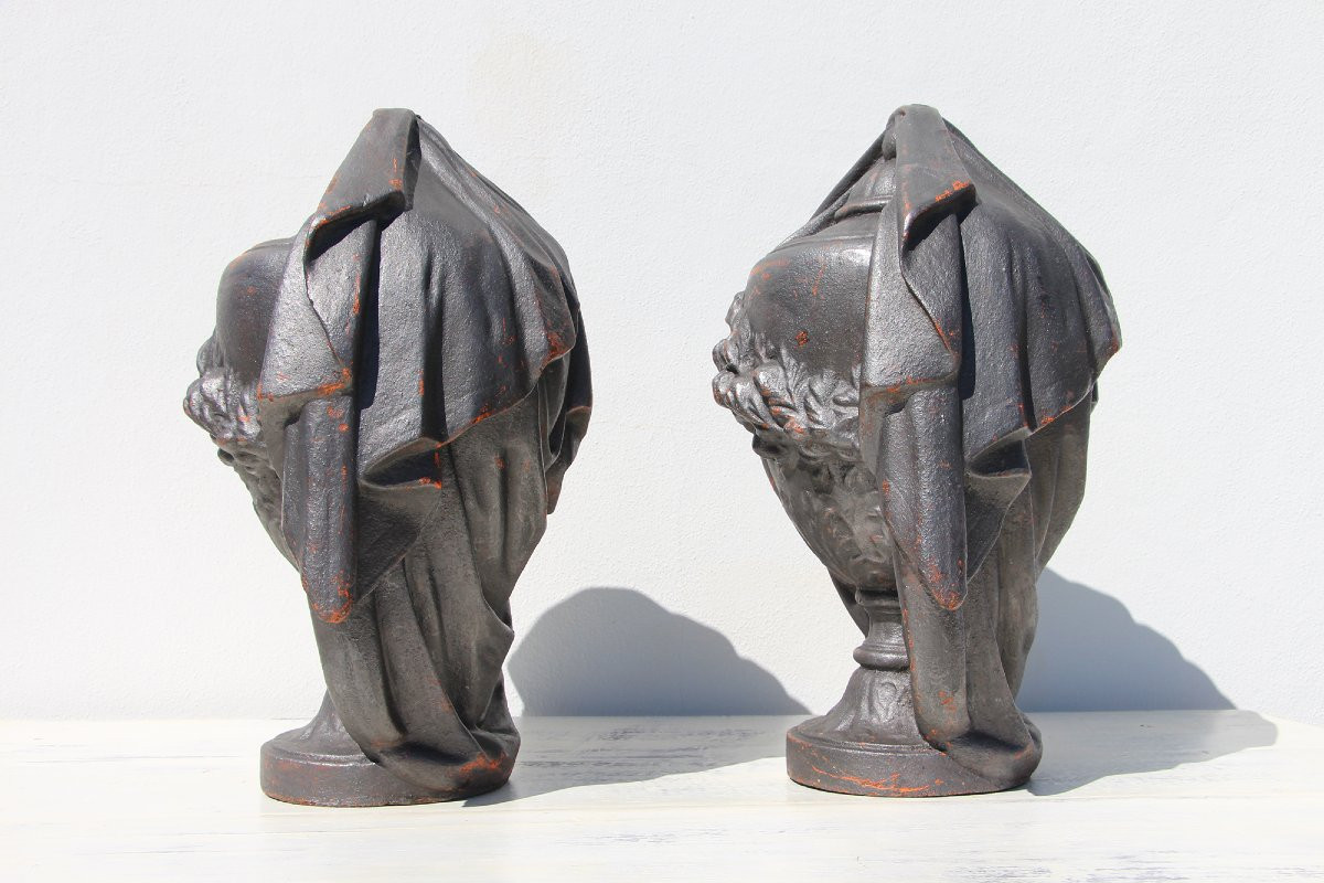 Stunning Antique Large Pair Of Neoclassical Cast Iron Draped Urns Finials, French-photo-5