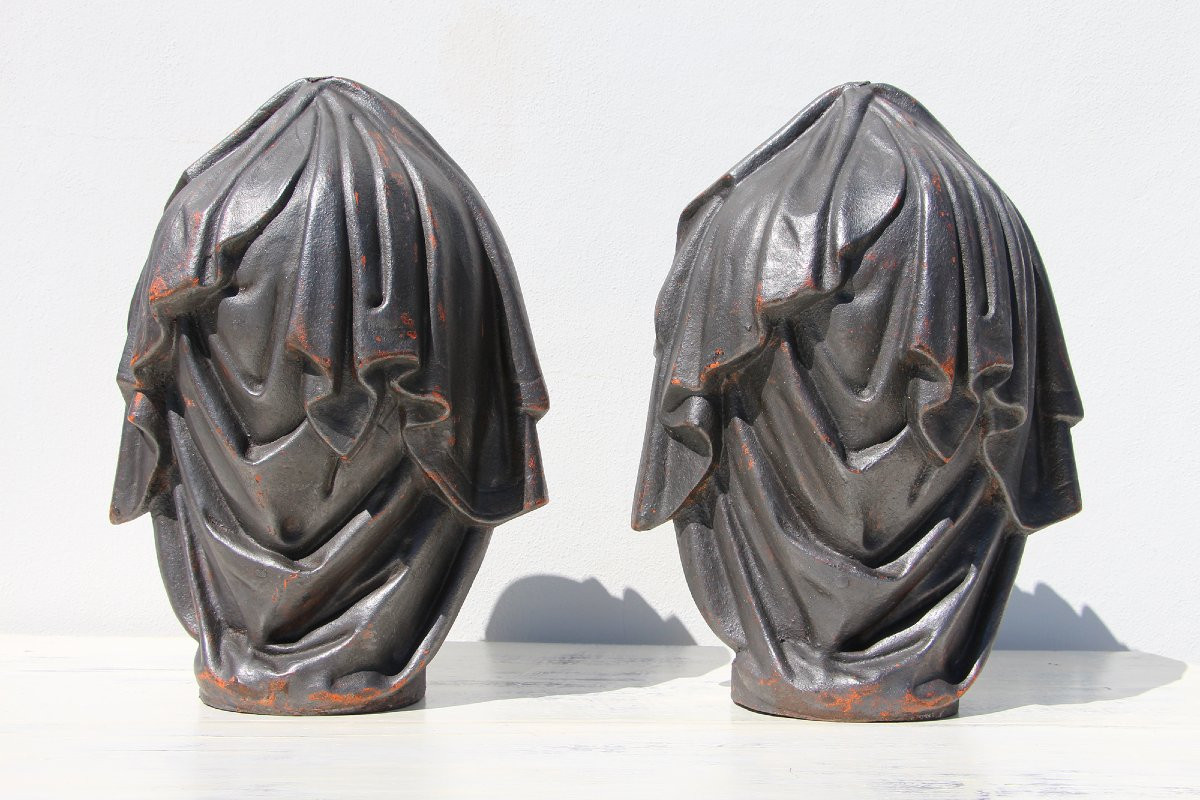 Stunning Antique Large Pair Of Neoclassical Cast Iron Draped Urns Finials, French-photo-6
