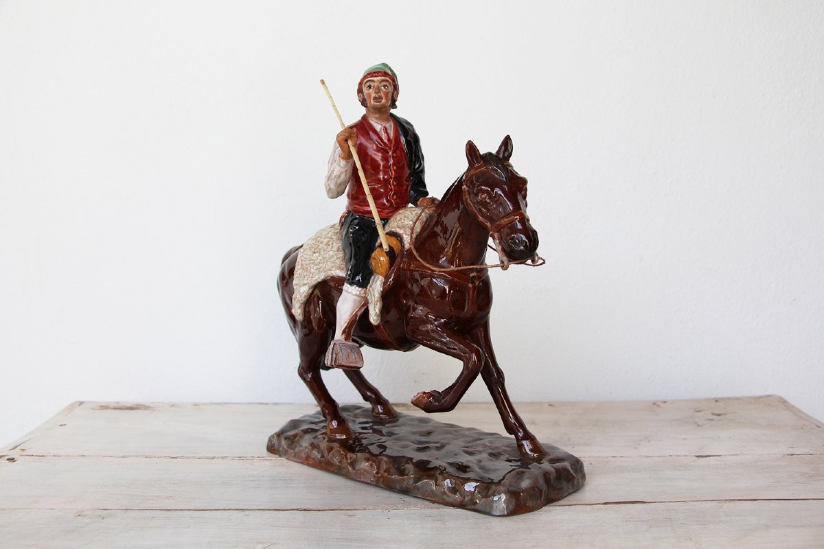 Antique Bordallo Pinheiro Palissy Ware, Earthenware, Majolica Horseman Figurine-photo-2