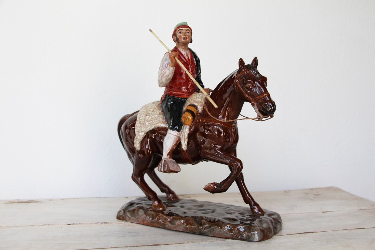 Antique Bordallo Pinheiro Palissy Ware, Earthenware, Majolica Horseman Figurine-photo-3