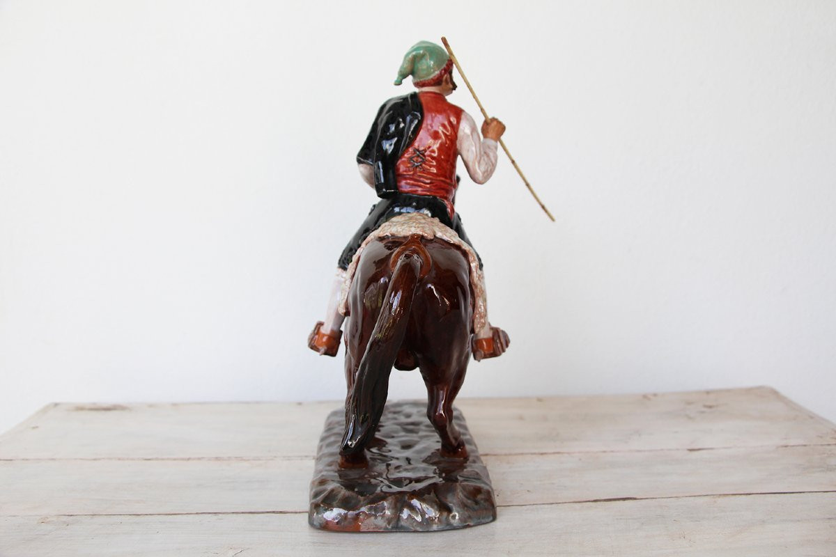 Antique Bordallo Pinheiro Palissy Ware, Earthenware, Majolica Horseman Figurine-photo-1