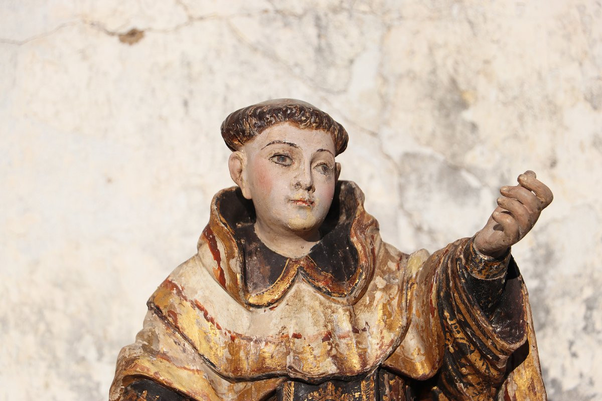 Saint Dominic Of Guzmán Kneeling, With Glass Eyes And The Carmelite Shield, 18th Century-photo-2