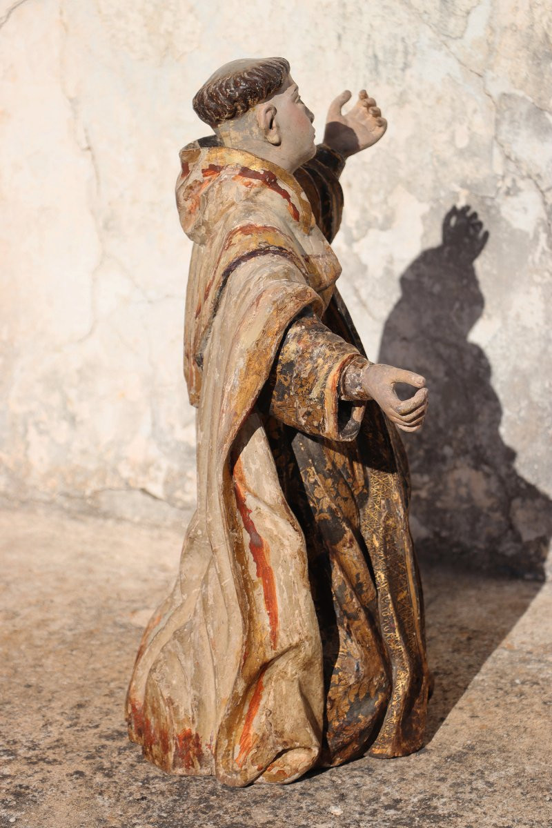 Saint Dominic Of Guzmán Kneeling, With Glass Eyes And The Carmelite Shield, 18th Century-photo-6