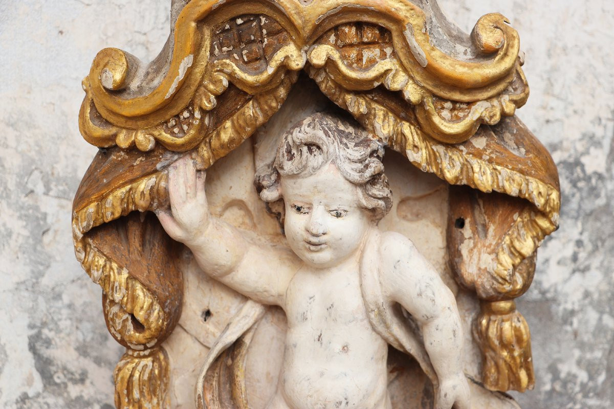 Cherub Angel Within A Baldachin, 18th Century, Portuguese-photo-3